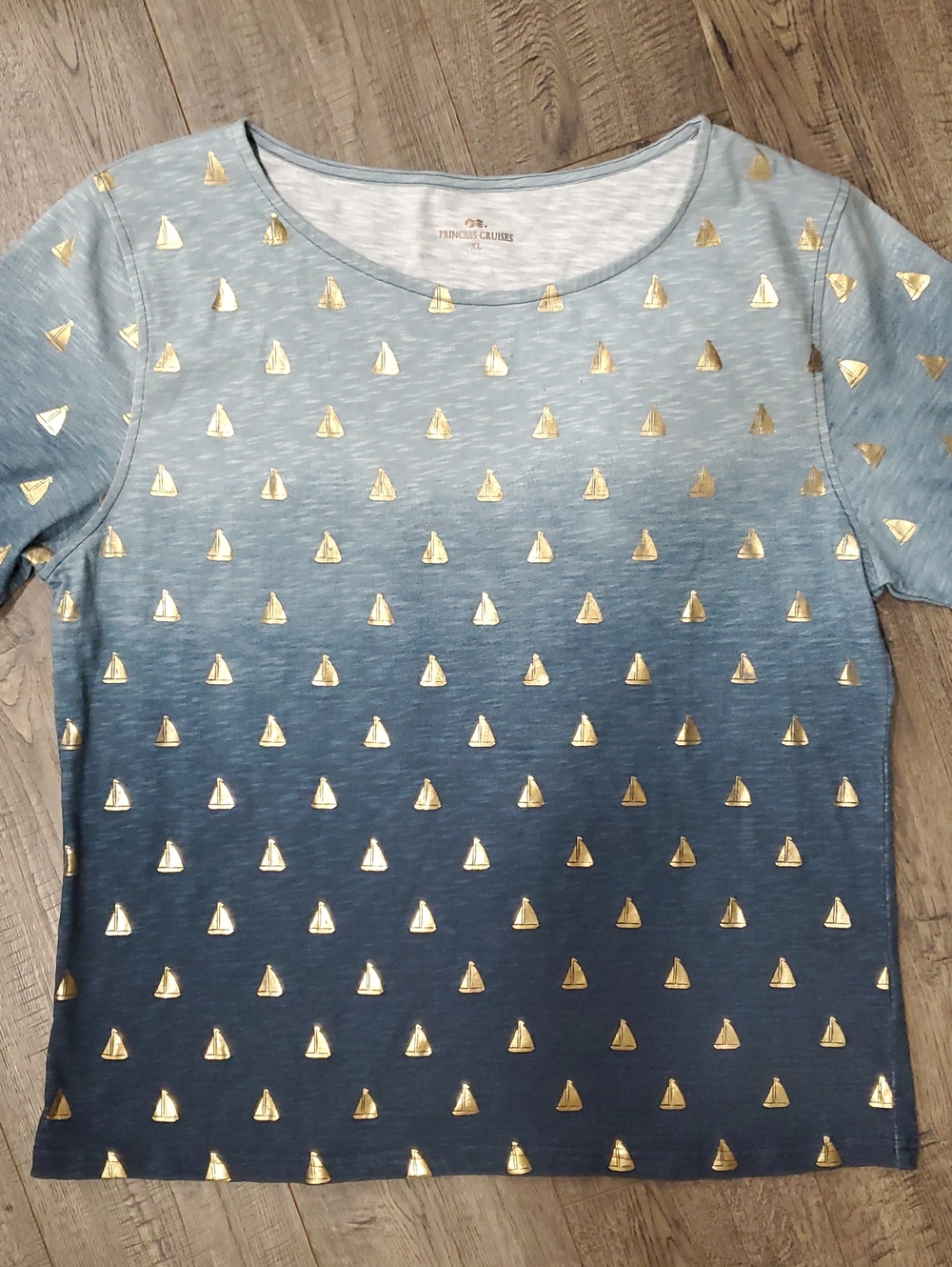 Princess Cruises Ombre Blue Short Sleeve Tee with Gold Sailboat Motifs